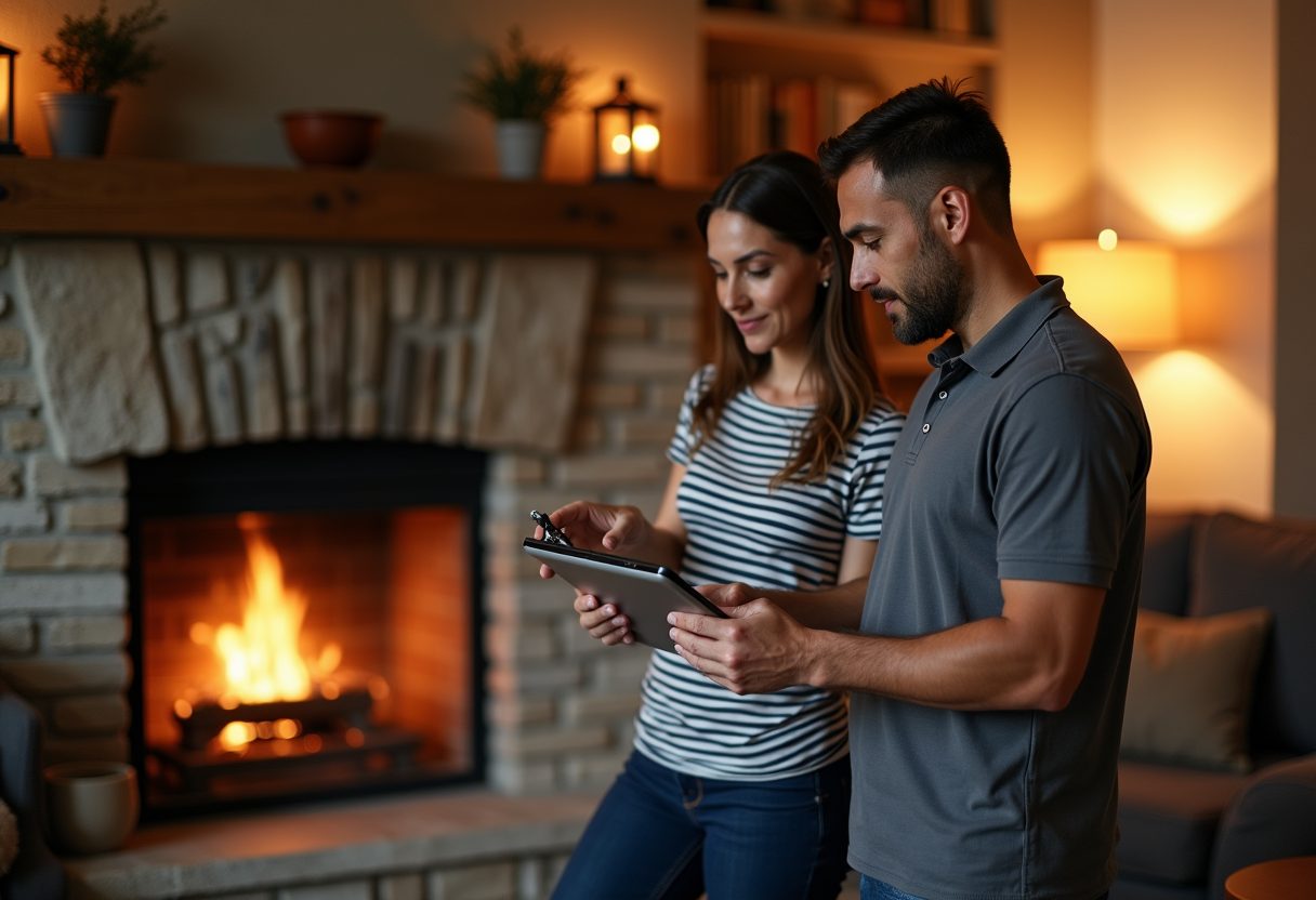 Technician showing a camera inspection beside a stone fireplace — Chevy Chase