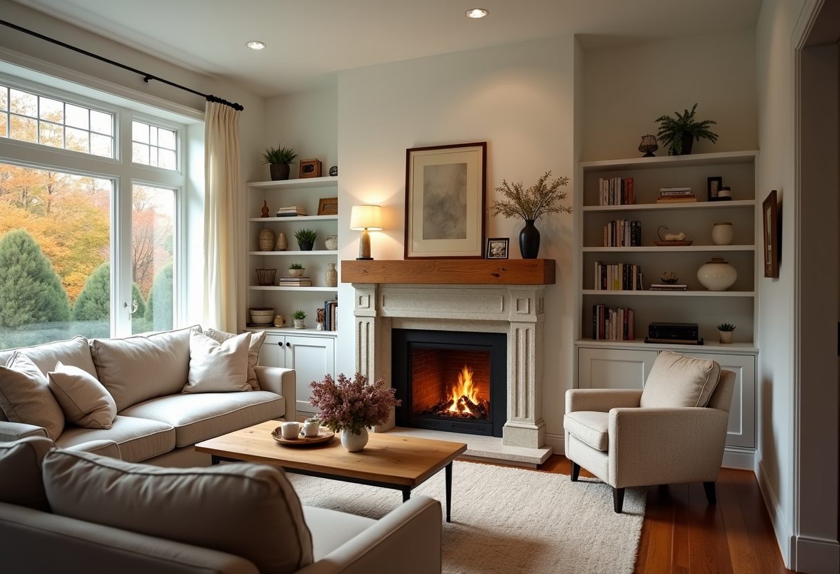 Lit stone fireplace in a bright living room — Chevy Chase
